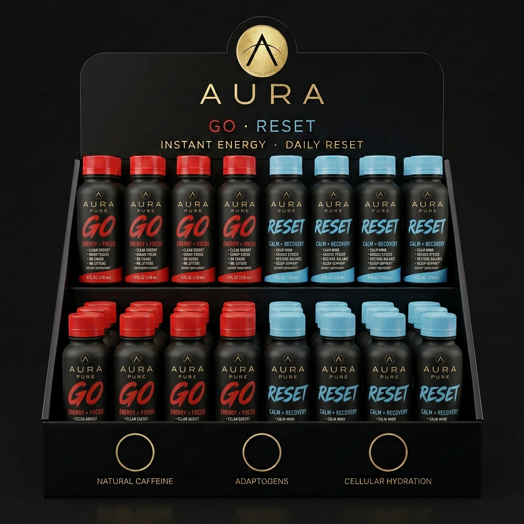 AURA PURE 2-tier counter display unit fully stocked with AURA PURE GO shots with red caps and AURA PURE RESET shots with blue caps